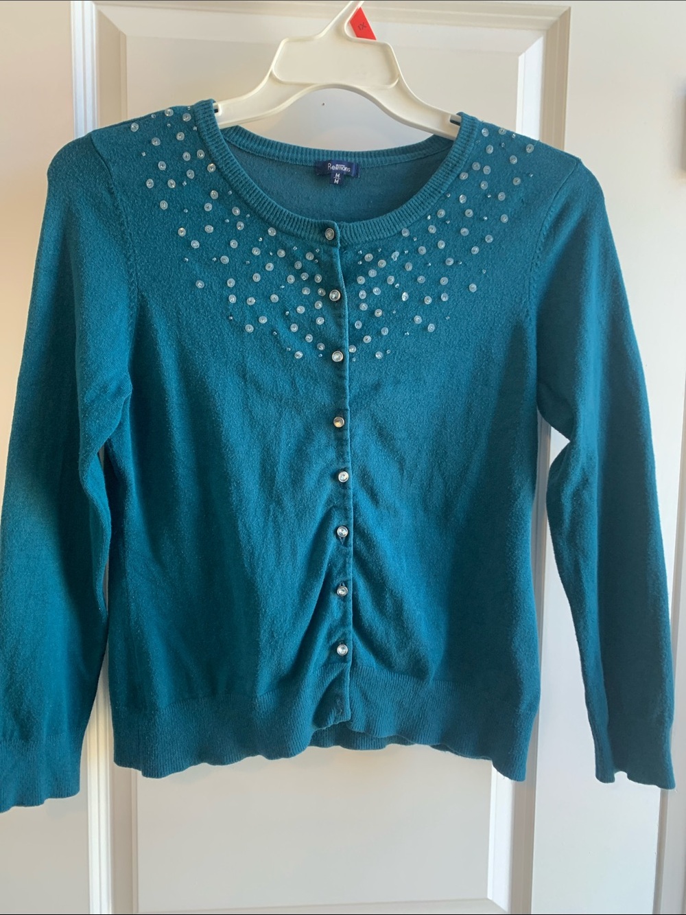 Reitmans Teal Pearl-Embellished Button-Up Cardigan